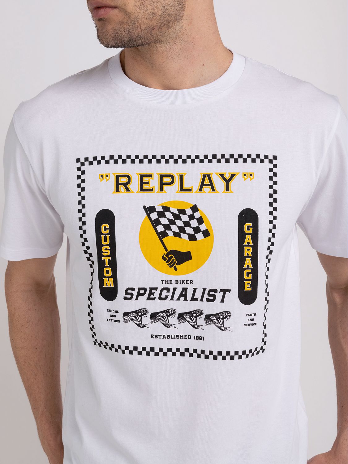 REPLAY CREWNECK T-SHIRT WITH BIKER PRINT