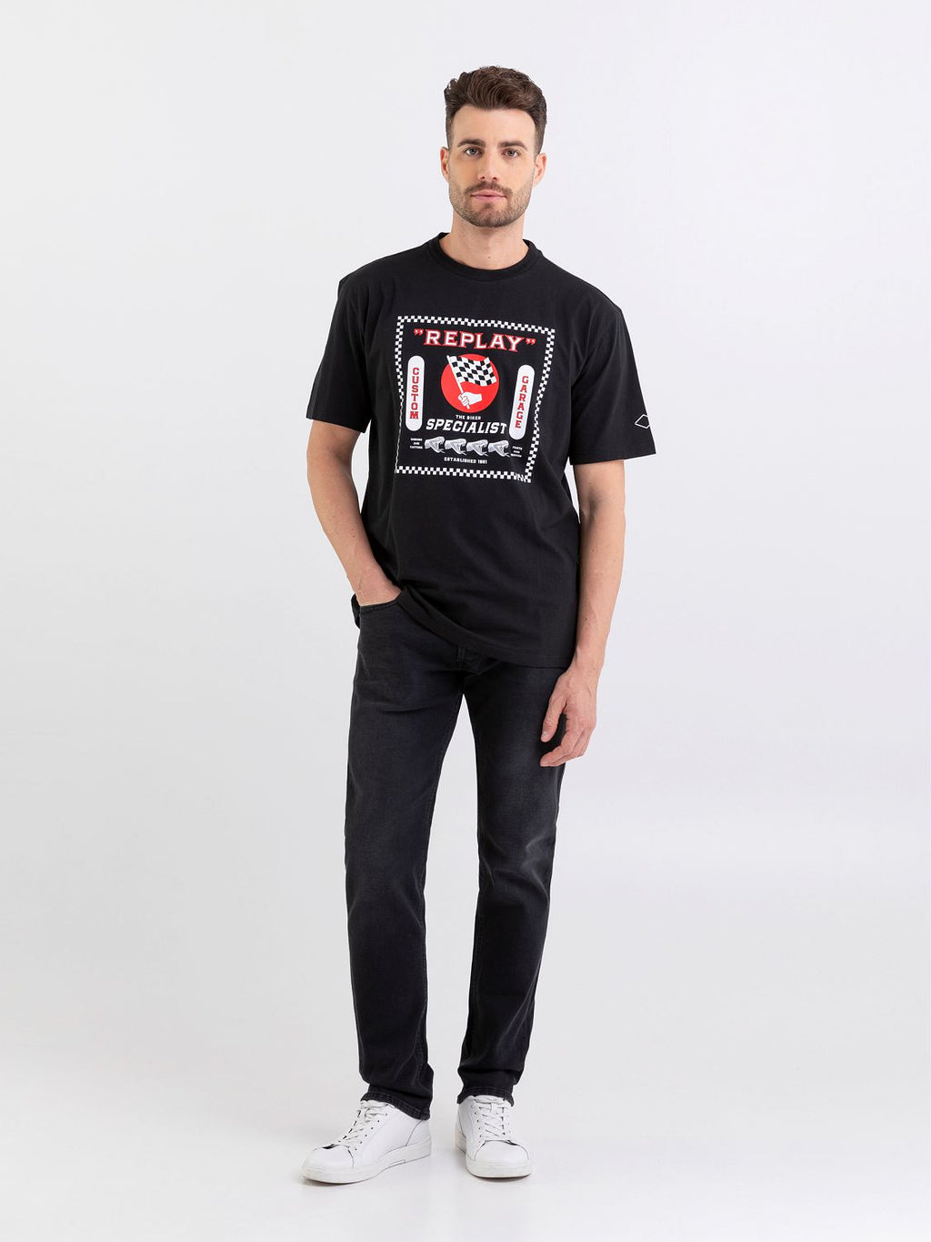 REPLAY CREWNECK T-SHIRT WITH BIKER PRINT