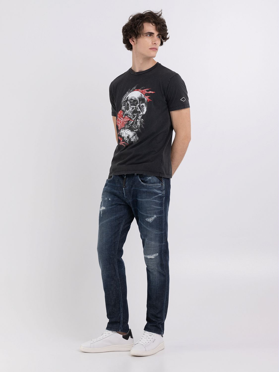 REPLAY JERSEY T-SHIRT WITH SKULL AND WOLF PRINT