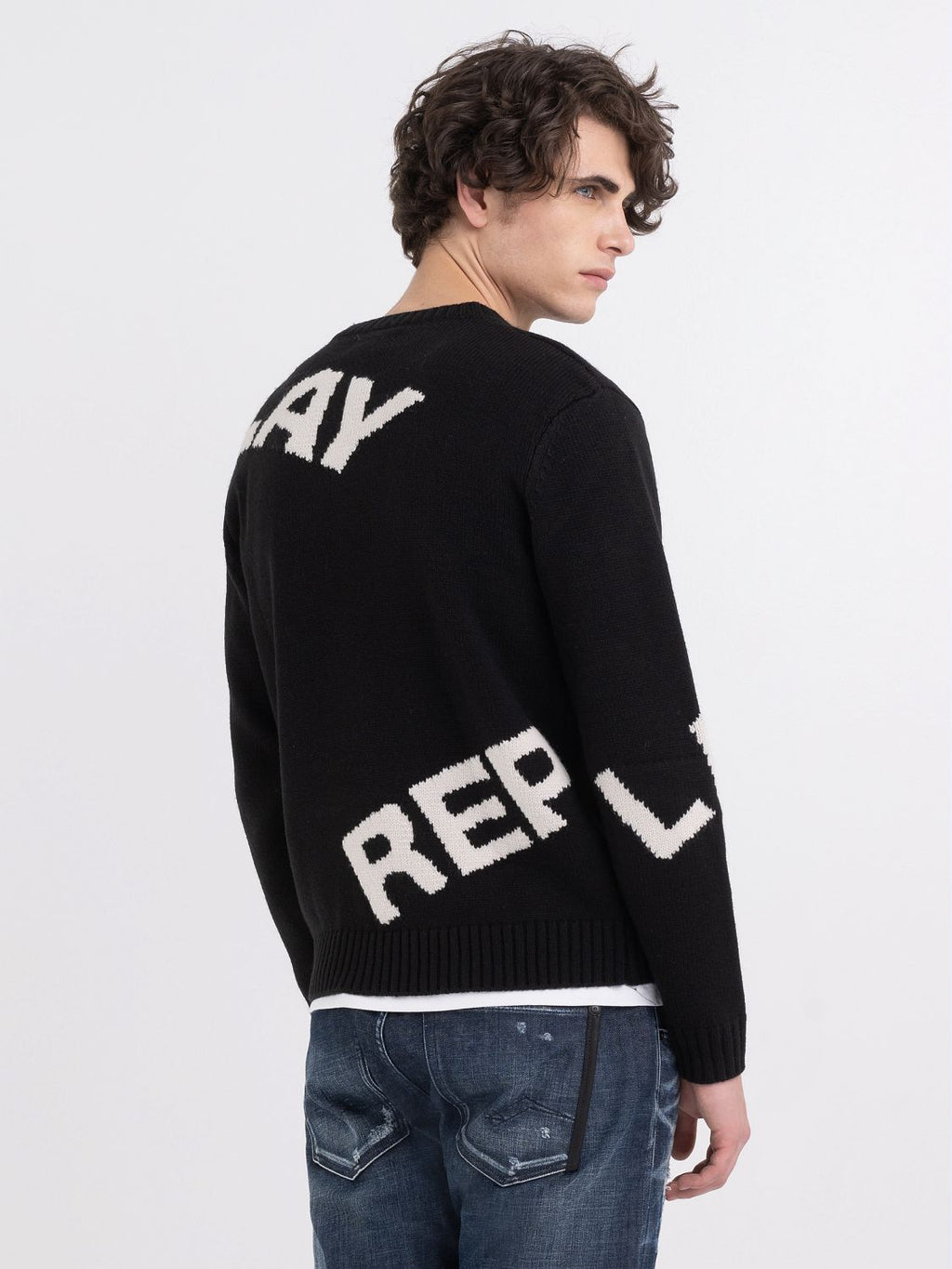 REPLAY SWEATER IN WOOL BLEND WITH JACQUARD LOGO